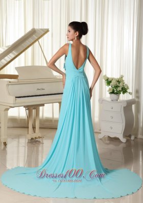 V-neck Flowers Aqua Blue Prom Dress For Formal Evening