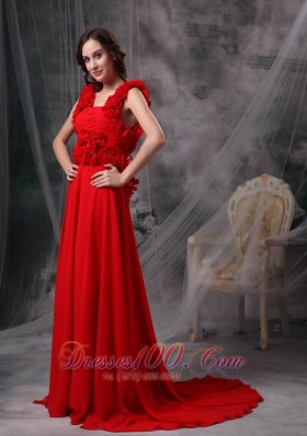 Hand Made Flowers Red Evening Dress Beaded Court Train