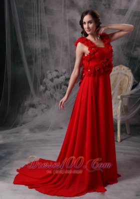 Hand Made Flowers Red Evening Dress Beaded Court Train