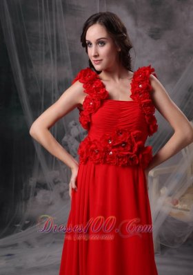 Hand Made Flowers Red Evening Dress Beaded Court Train