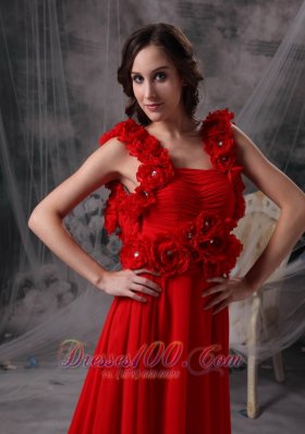 Hand Made Flowers Red Evening Dress Beaded Court Train