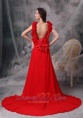 Hand Made Flowers Red Evening Dress Beaded Court Train