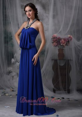 Royal Blue Halter Prom Evening Dress Beaded Train