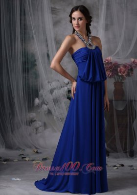 Royal Blue Halter Prom Evening Dress Beaded Train