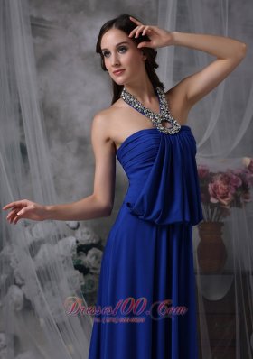 Royal Blue Halter Prom Evening Dress Beaded Train