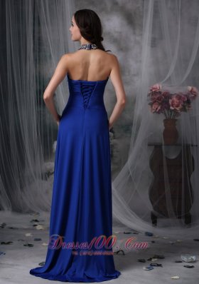 Royal Blue Halter Prom Evening Dress Beaded Train