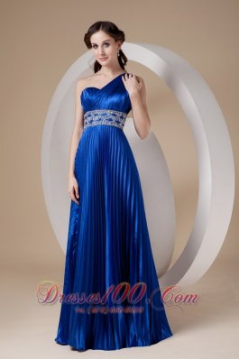 Pleated One Shoulder Blue Prom Evening Dress Beaded