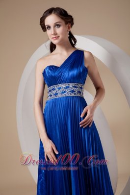 Pleated One Shoulder Blue Prom Evening Dress Beaded