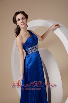 Pleated One Shoulder Blue Prom Evening Dress Beaded