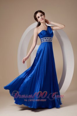 Pleated One Shoulder Blue Prom Evening Dress Beaded