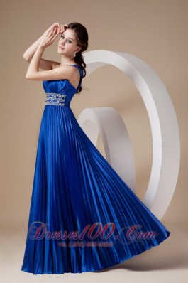 Pleated One Shoulder Blue Prom Evening Dress Beaded