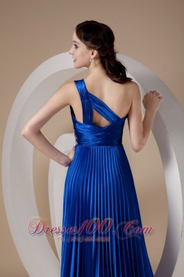 Pleated One Shoulder Blue Prom Evening Dress Beaded