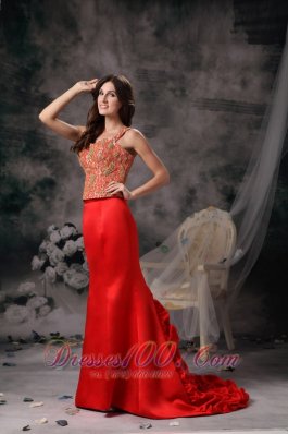 Red Mermaid Beaded Straps Prom Evening Dress Satin