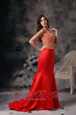 Red Mermaid Beaded Straps Prom Evening Dress Satin