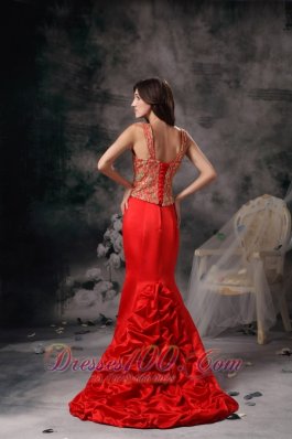 Red Mermaid Beaded Straps Prom Evening Dress Satin