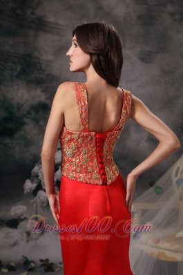 Red Mermaid Beaded Straps Prom Evening Dress Satin