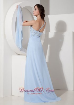 Customize Blue Empire One Shoulder Evening Beading Prom Dress