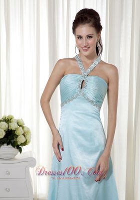 Light Blue Empire Halter Elastic Woven Satin Graduation Dress