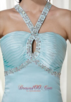 Light Blue Empire Halter Elastic Woven Satin Graduation Dress