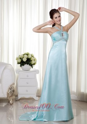 Light Blue Empire Halter Elastic Woven Satin Graduation Dress