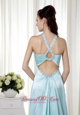 Light Blue Empire Halter Elastic Woven Satin Graduation Dress