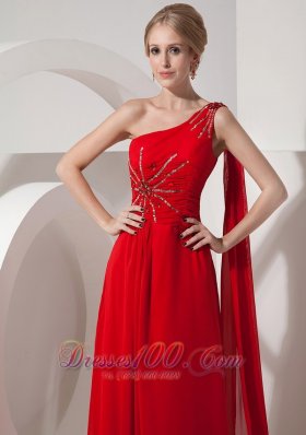 Red Evening Dress Empire One Shoulder Chiffon Beading