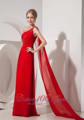 Red Evening Dress Empire One Shoulder Chiffon Beading