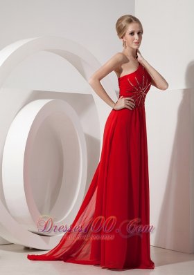 Red Evening Dress Empire One Shoulder Chiffon Beading