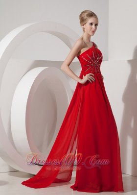 Red Evening Dress Empire One Shoulder Chiffon Beading