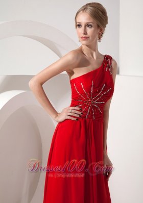 Red Evening Dress Empire One Shoulder Chiffon Beading