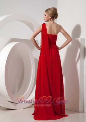 Red Evening Dress Empire One Shoulder Chiffon Beading