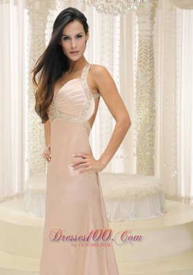 Straps Pink Elastic Woven Satin Ruched Bodice Evening Dress