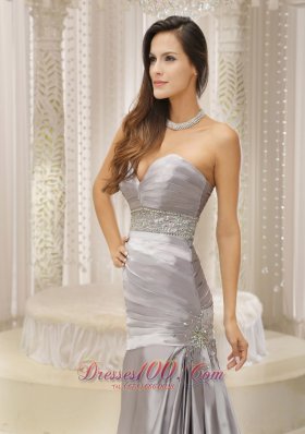 Satin and Ruched Bodice Beaded Decorate Waist Prom Dress