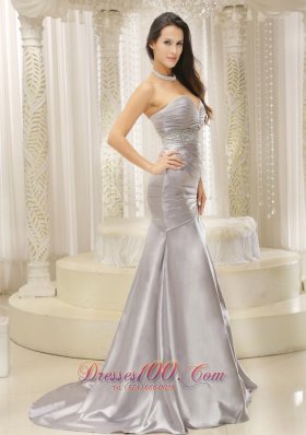 Satin and Ruched Bodice Beaded Decorate Waist Prom Dress