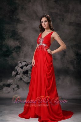 Red Evening Dress A-line V-neck Chiffon Beading Train