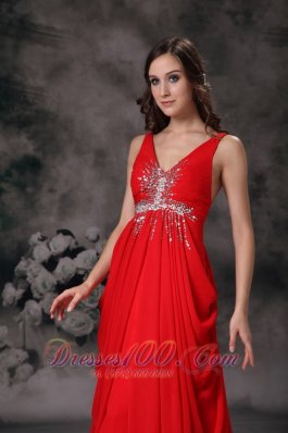 Red Evening Dress A-line V-neck Chiffon Beading Train