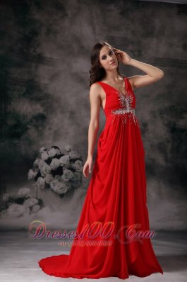 Red Evening Dress A-line V-neck Chiffon Beading Train