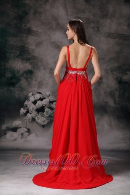 Red Evening Dress A-line V-neck Chiffon Beading Train