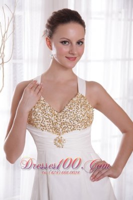 White Empire V-neck Chiffon Beading Prom Evening Dress