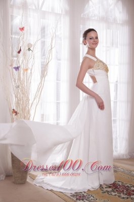 White Empire V-neck Chiffon Beading Prom Evening Dress