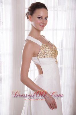 White Empire V-neck Chiffon Beading Prom Evening Dress