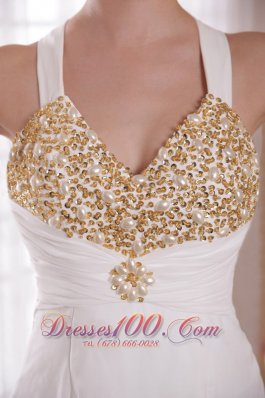 White Empire V-neck Chiffon Beading Prom Evening Dress