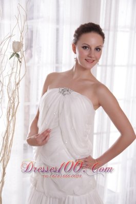 A-line Strapless Chapel Rhinestones Chiffon Prom Dress