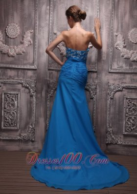 Blue Column Strapless Chiffon Appliques Prom Dress