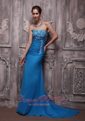 Blue Column Strapless Chiffon Appliques Prom Dress