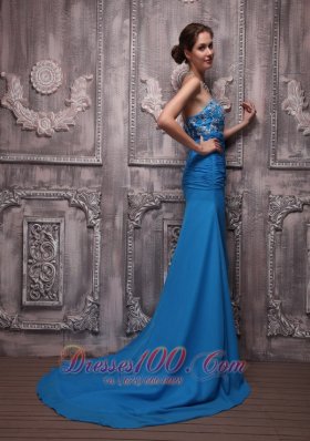 Blue Column Strapless Chiffon Appliques Prom Dress