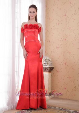 Red Mermaid Strapless Court Satin Floral Prom Dress