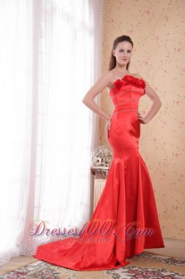 Red Mermaid Strapless Court Satin Floral Prom Dress