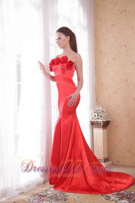 Red Mermaid Strapless Court Satin Floral Prom Dress