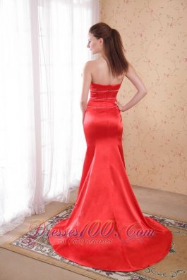 Red Mermaid Strapless Court Satin Floral Prom Dress